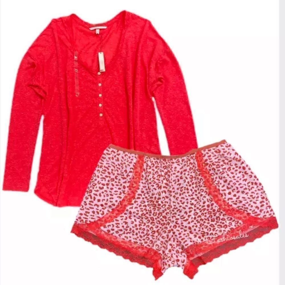 Victoria’s Secret Soft long sleeve Henley top & animal print shorts pajama set S